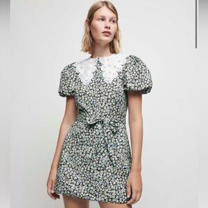 Maje Floral Mini Dress with White Lace Collar